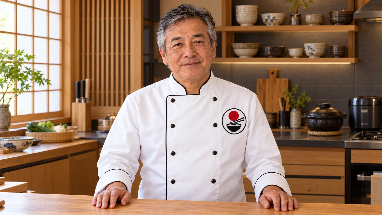Chef Sato en una cocina de madera cálida