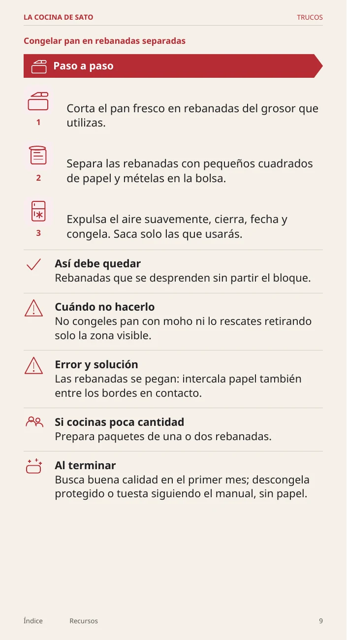 Página 9 del libro: Congelar pan en rebanadas separadas
